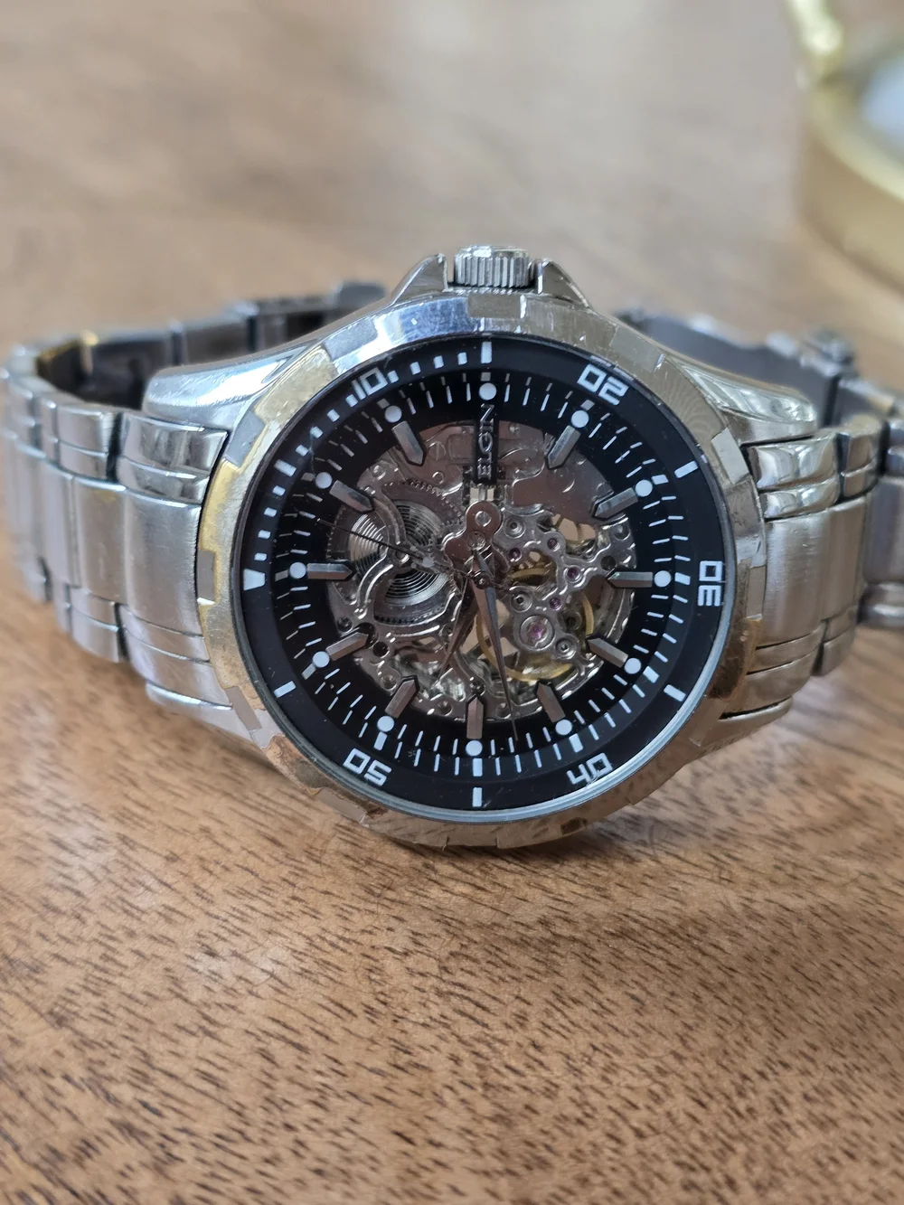Skeleton Dial Stainless Steel Men's Watch - Silver/Gold FG8030 Elgin Automatic W